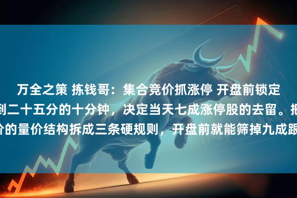万全之策 拣钱哥：集合竞价抓涨停 开盘前锁定强势股每天九点十五分到二十五分的十分钟，决定当天七成涨停股的去留。把集合竞价的量价结构拆成三条硬规则，开盘前就能筛掉九成跟风盘，只留下主力真正想做的标的，